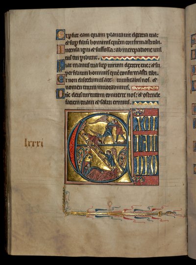 Ms 322 f.82v, Salmo 80, iniziale E, Giacobbe che lotta con l